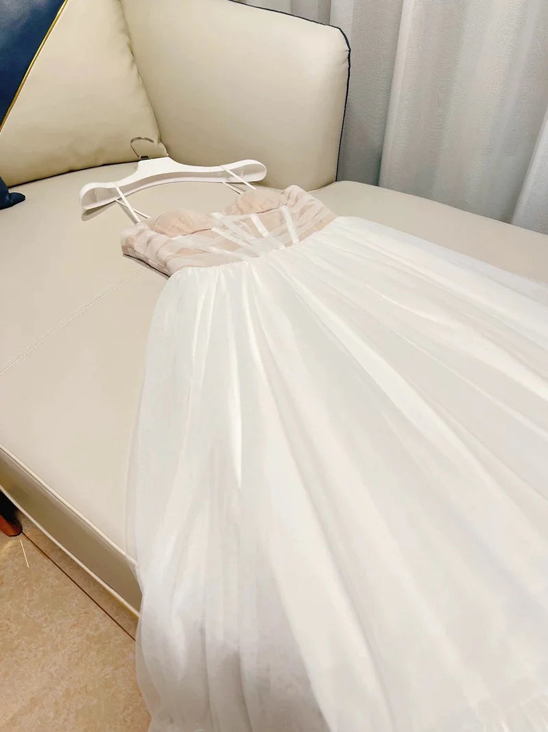 Wholesale Simple A Line Spaghetti Straps White Tulle Prom Dress Evening Dresses gowns evening dresses